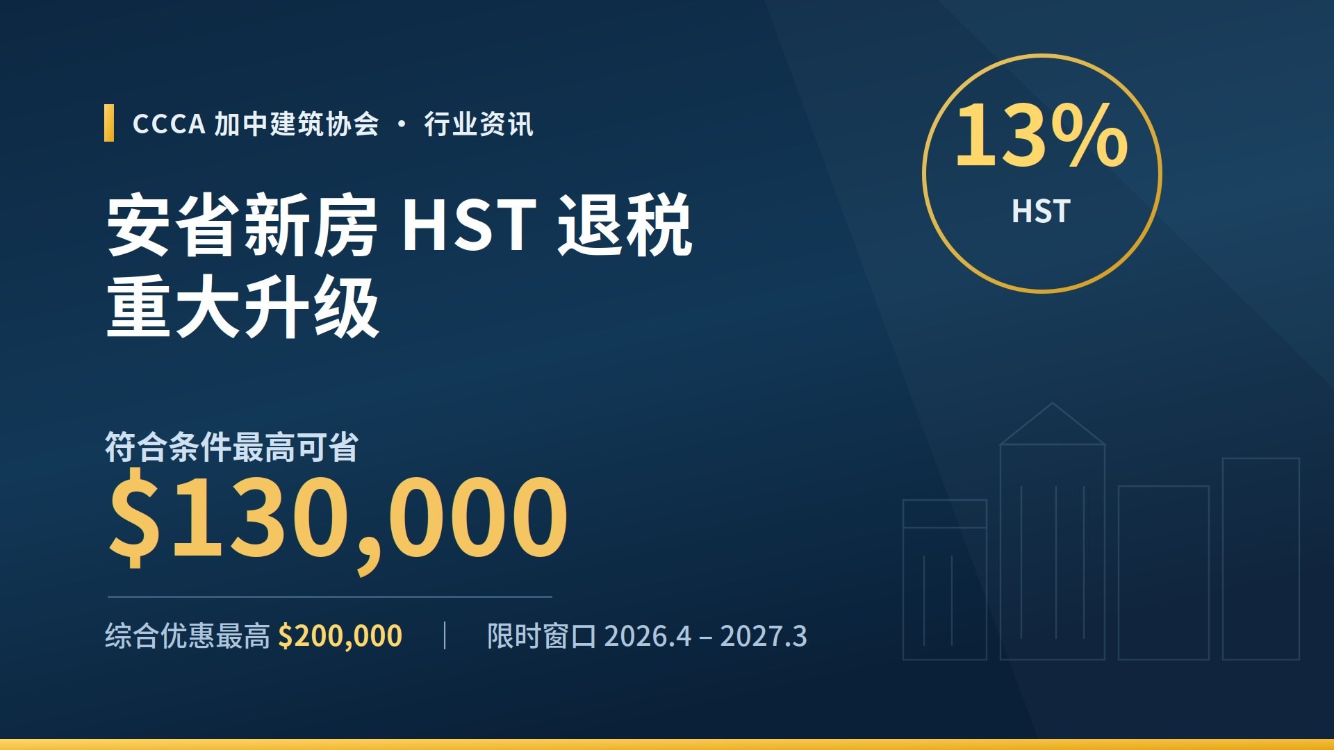 安省新房 HST 退税重大升级，符合条件最高可省 $130,000，综合优惠最高 $200,000，限时窗口 2026 年 4 月至 2027 年 3 月｜CCCA 加中建筑协会